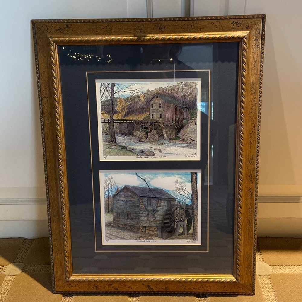 Framed Sketches SC & WV Mills Farmhouse Barns Cottage Western Country Rustic